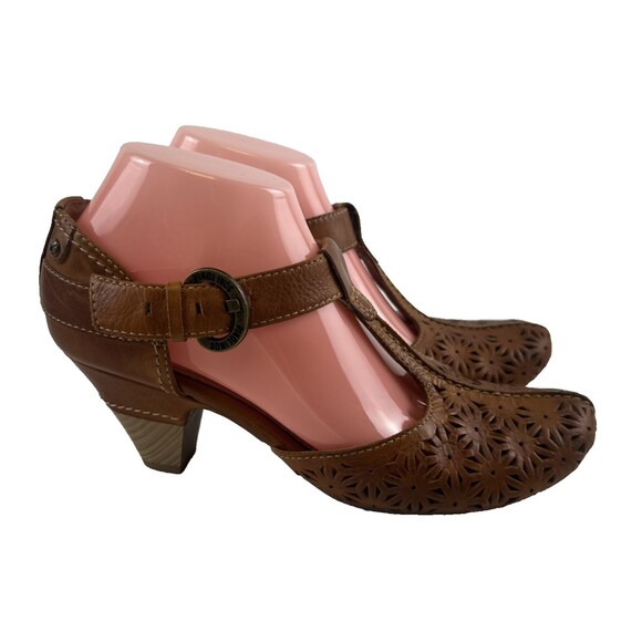 Pikolinos T-Strap Heels Tan Leather Floral Cutout Buckle Ankle Strap Womens 40 9 - Picture 1 of 16
